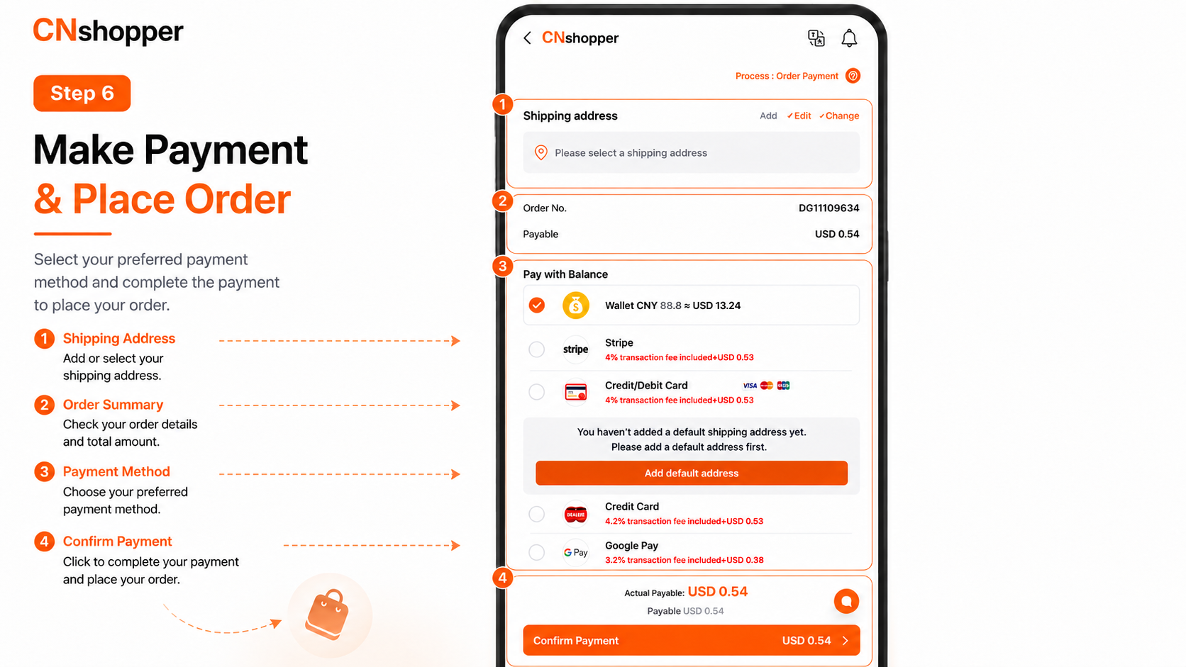 Official mobile guide image: pay for the product first.