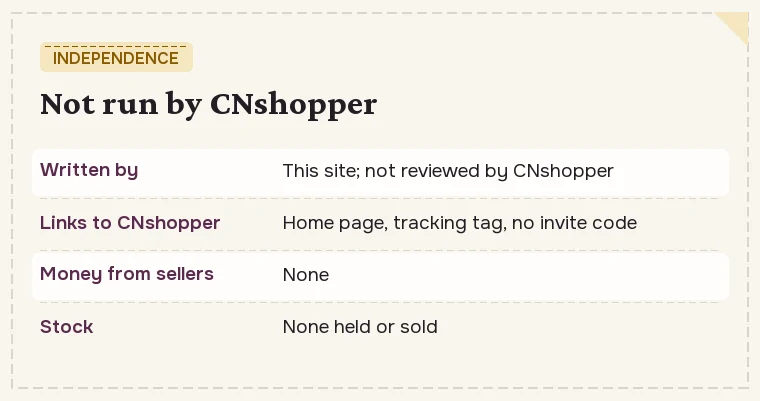 Independence card: not run by CNshopper, no partnership, links tagged but no invite code, not paid by sellers