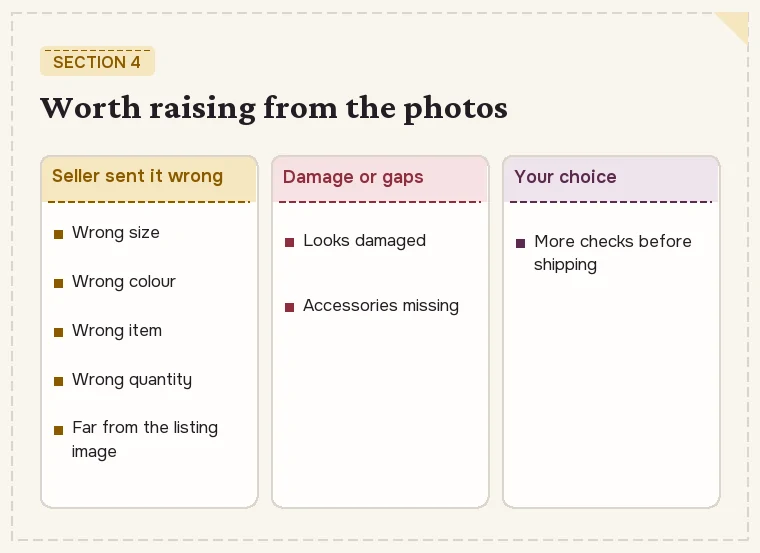 Eight situations listed in section 4, grouped into seller mistakes, damage and your own extra checks
