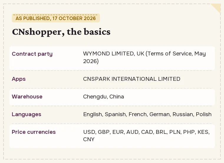 Card listing CNshopper’s contract party, app publisher, warehouse city, languages and currencies