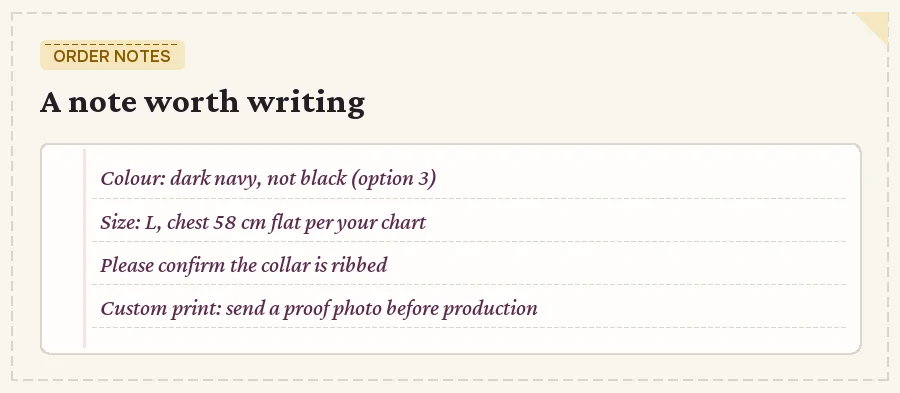 An order note filled in with expected colour, size and a request for a proof photo, next to the option it refers to
