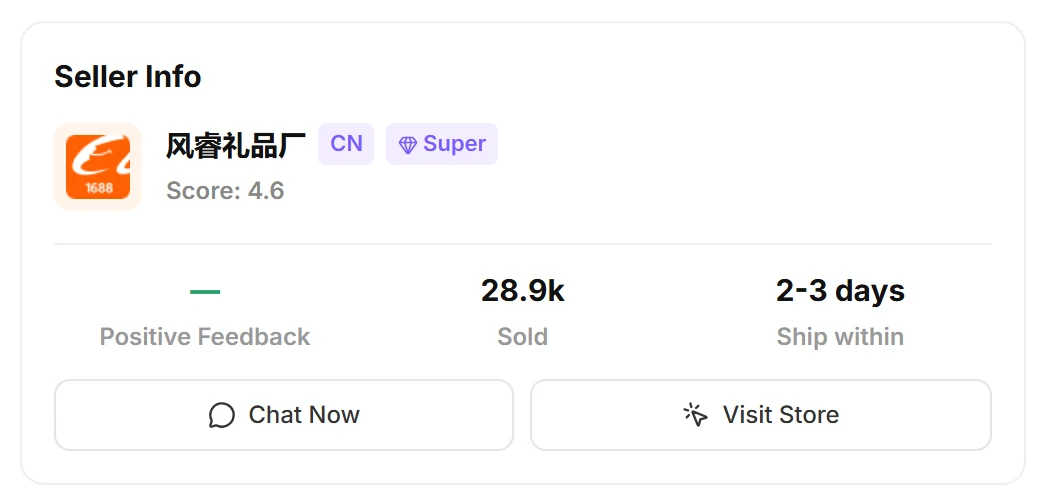 Screenshot of the Seller Info box on a CNshopper product page for a 1688 listing, with shop name, score, sold count, dispatch line and buttons