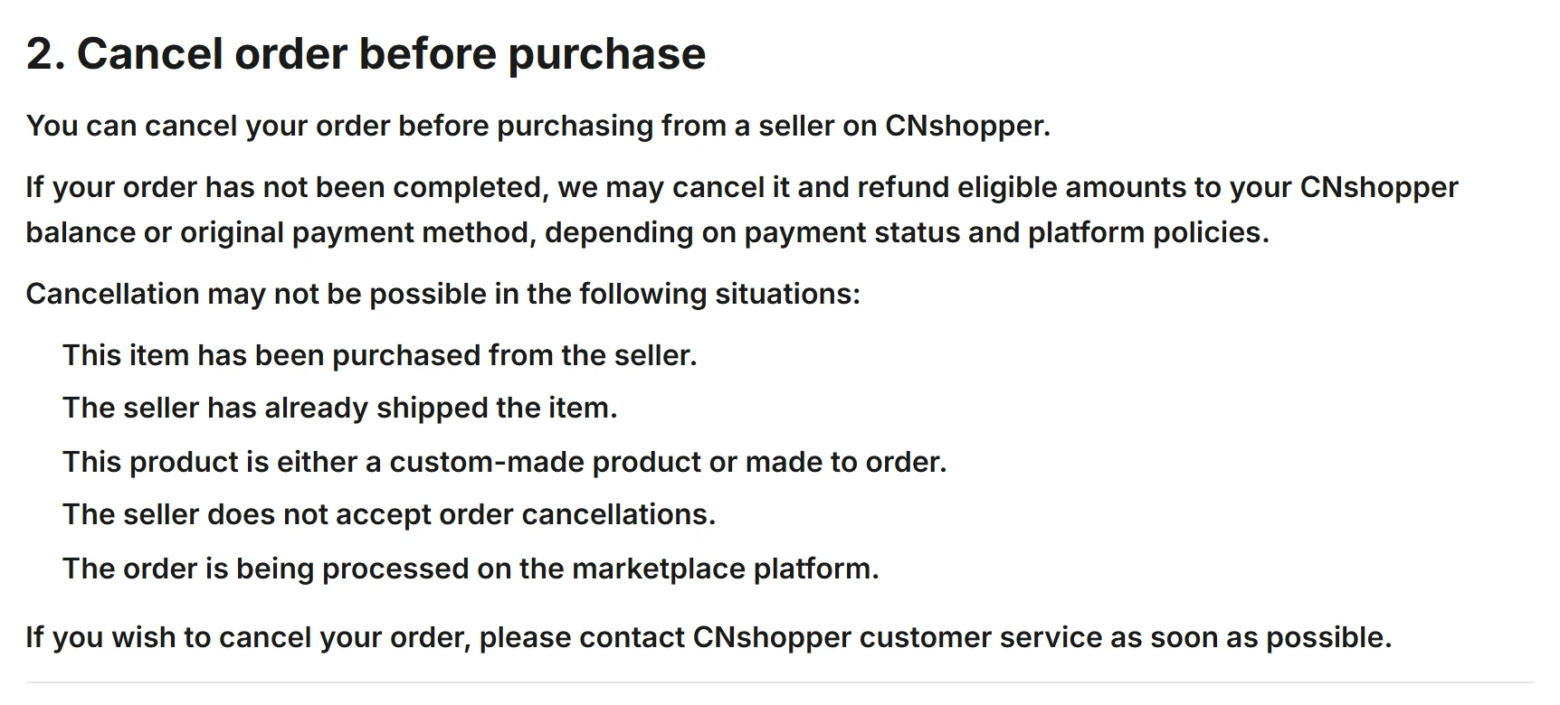 Screenshot of section 2, Cancel order before purchase, on CNshopper’s Return & Refund Policy page