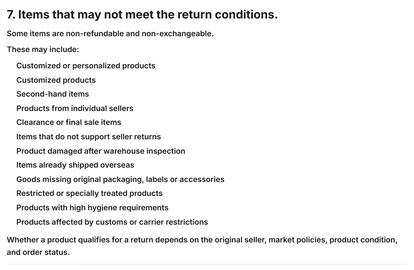 Screenshot of section 7, Items that may not meet the return conditions, on CNshopper’s Return & Refund Policy page