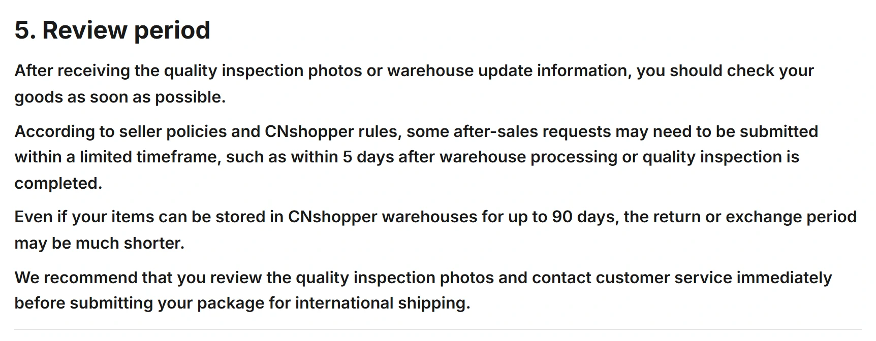 Screenshot of section 5, Review period, on CNshopper’s Return & Refund Policy page, including the five-day example