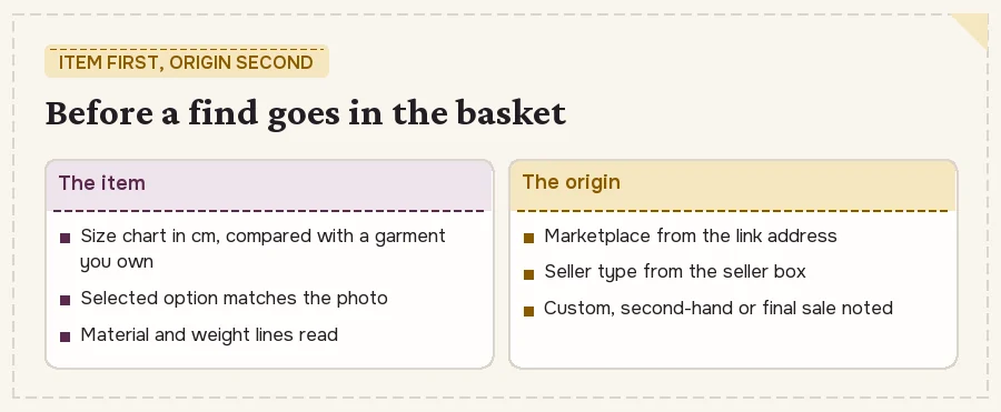 Checklist for choosing an item: size chart in centimetres, option names, material, then marketplace and seller type questions