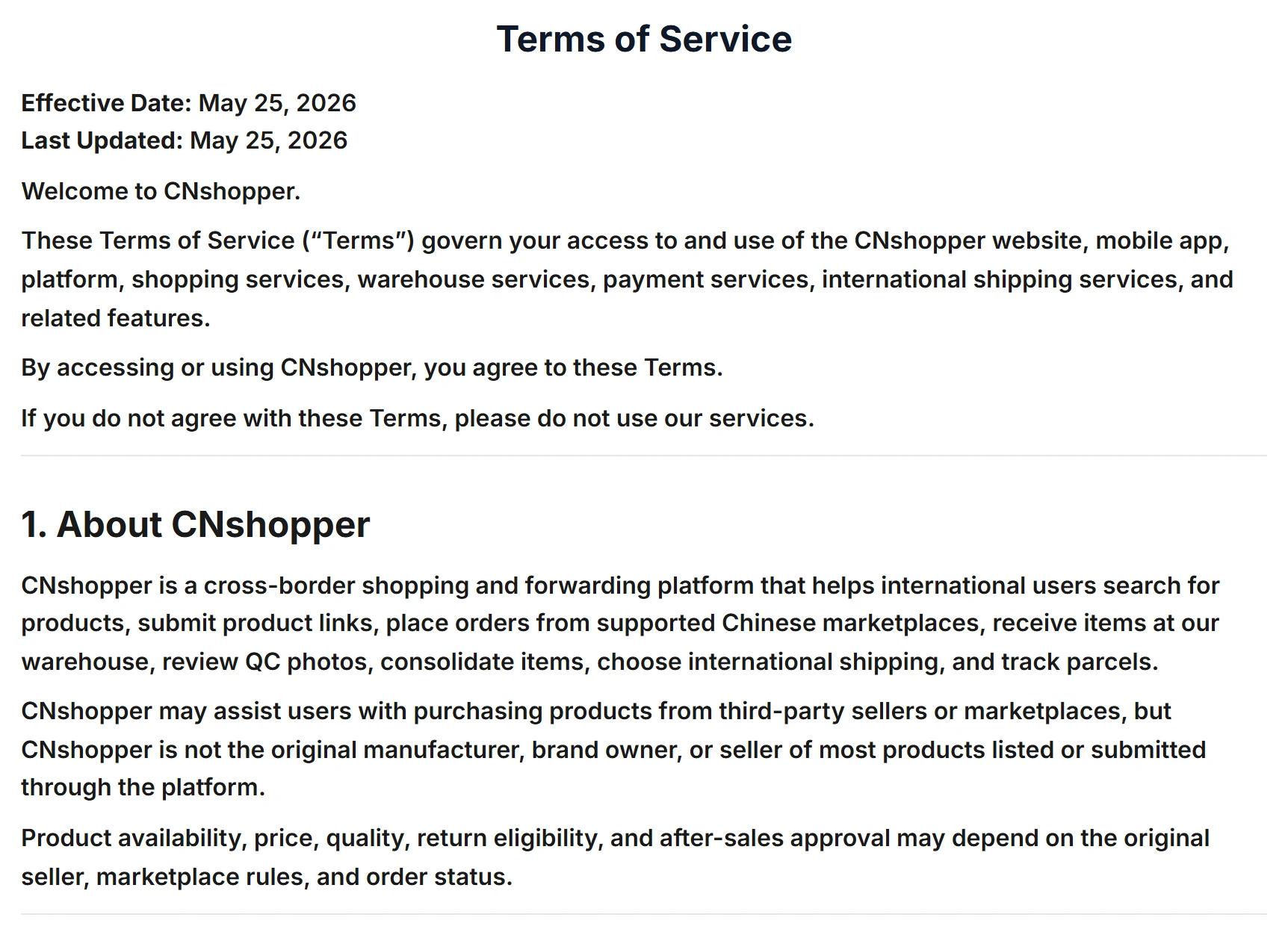 Screenshot of the top of CNshopper’s Terms of Service: title, May 2026 dates and section 1, About CNshopper